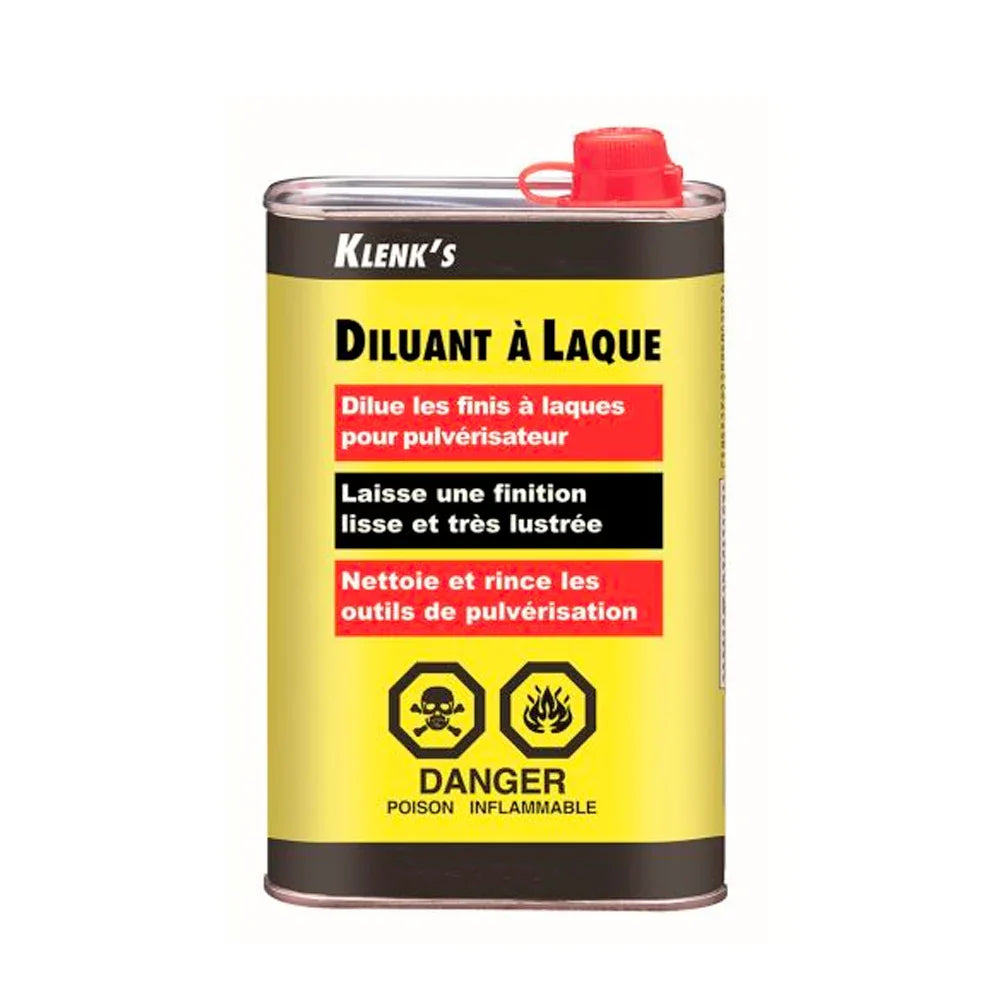 Bidon de diluant à laque Klenk pour finition bois, nettoyage outils, inflammable.