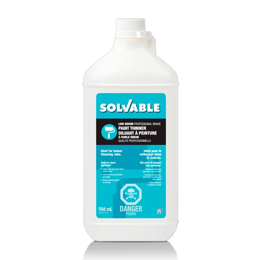Bouteille de diluant à peinture Solvable, qualité professionnelle, 946 ml, faible odeur.