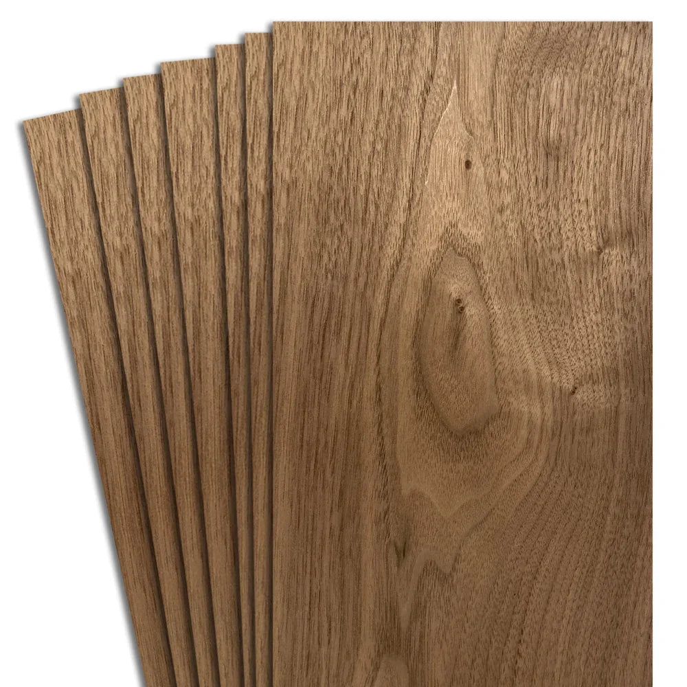 Walnut Wood Veneer Sheets, 12" in length, with widths from 4 1/2" to 7 1/2"