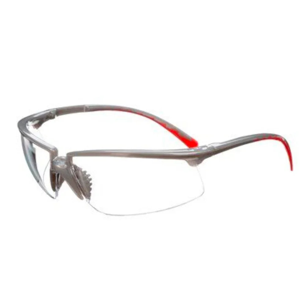 Lunettes de sécurité avec monture grise et accents rouges pour travaux de menuiserie