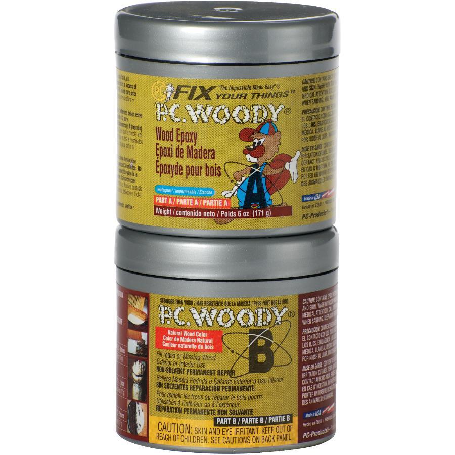 Deux pots d'époxy pour bois PC Woody, réparateur permanent, couleur bois naturel.