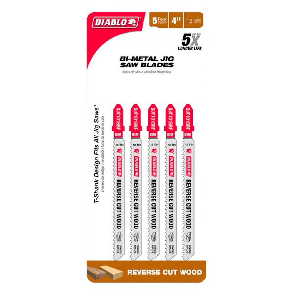 Reverse 4’’ x 10 TPI bi-metal jig saw blades #djt101brf5, 5/pkg - Diablo