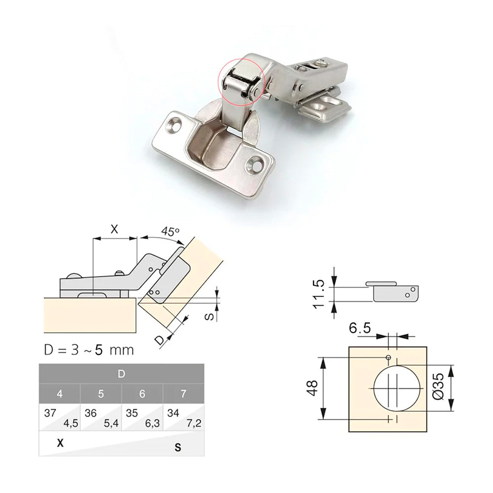 Set of 2 clip-on door hinges 45deg int. Shock absorber