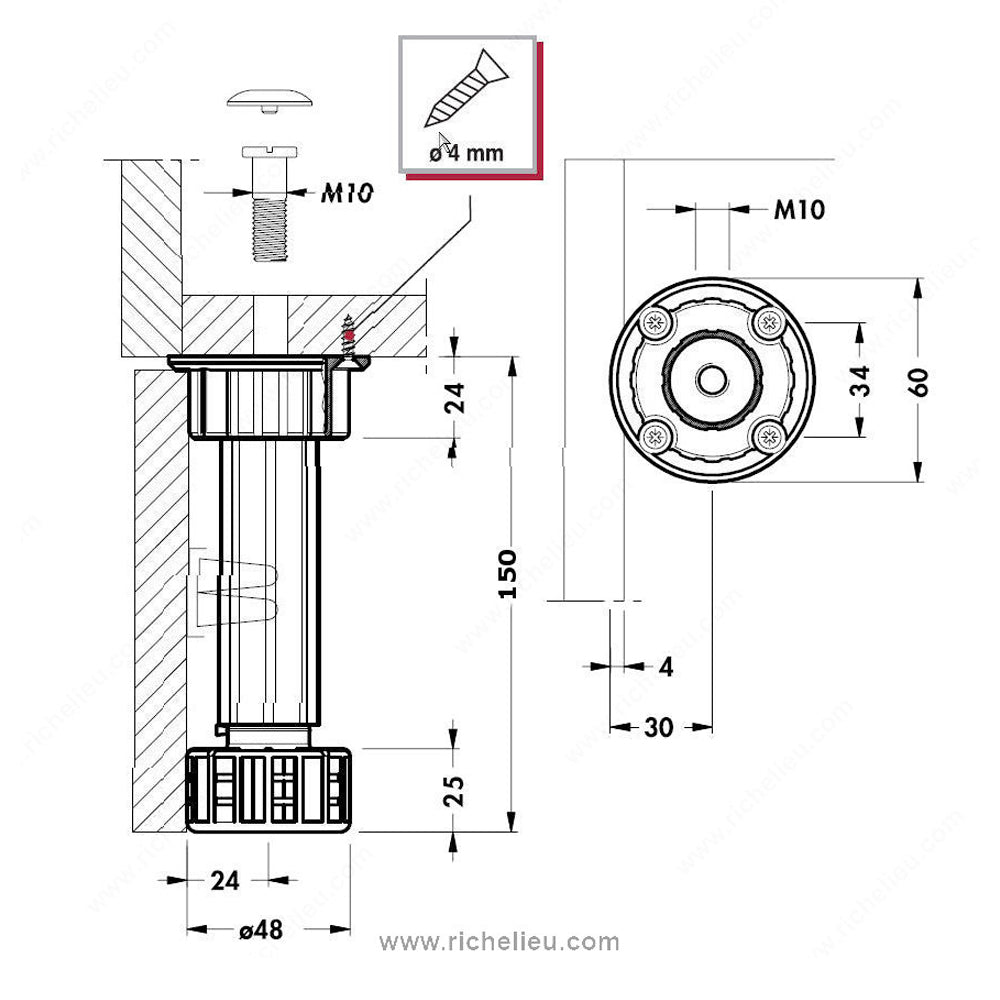 Niveleur et tête en ABS pour caisson 150mm - Richelieu