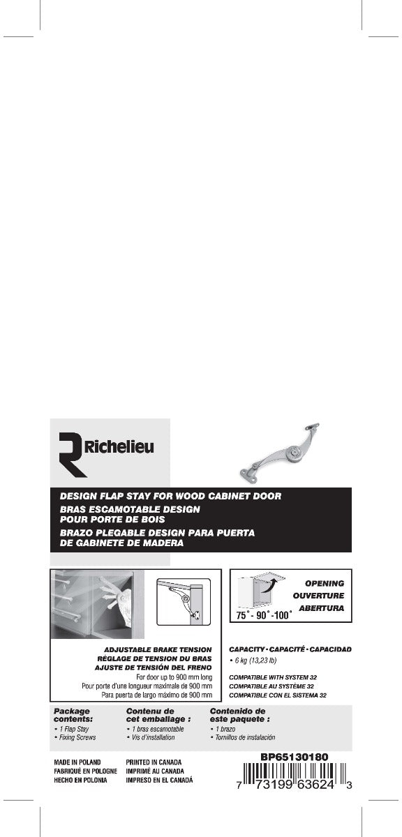 Designer flap stay for wood cabinet door - Richelieu