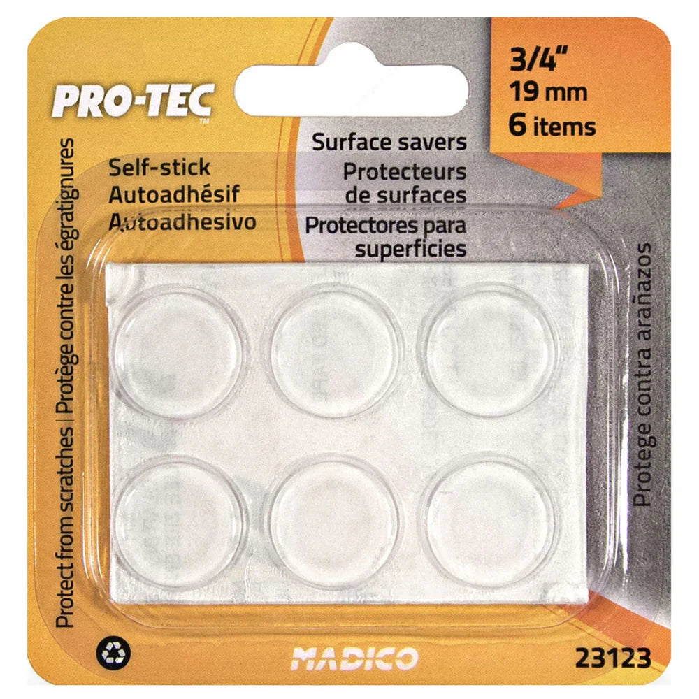 Plaquette de 6 protecteurs de surface ronds autocollants, transparents, 19 mm.