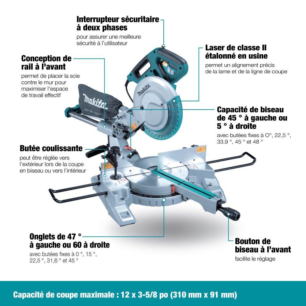 Scie à onglets combinés double coulisse 10'' avec laser LS1018L, Support inclus - Makita