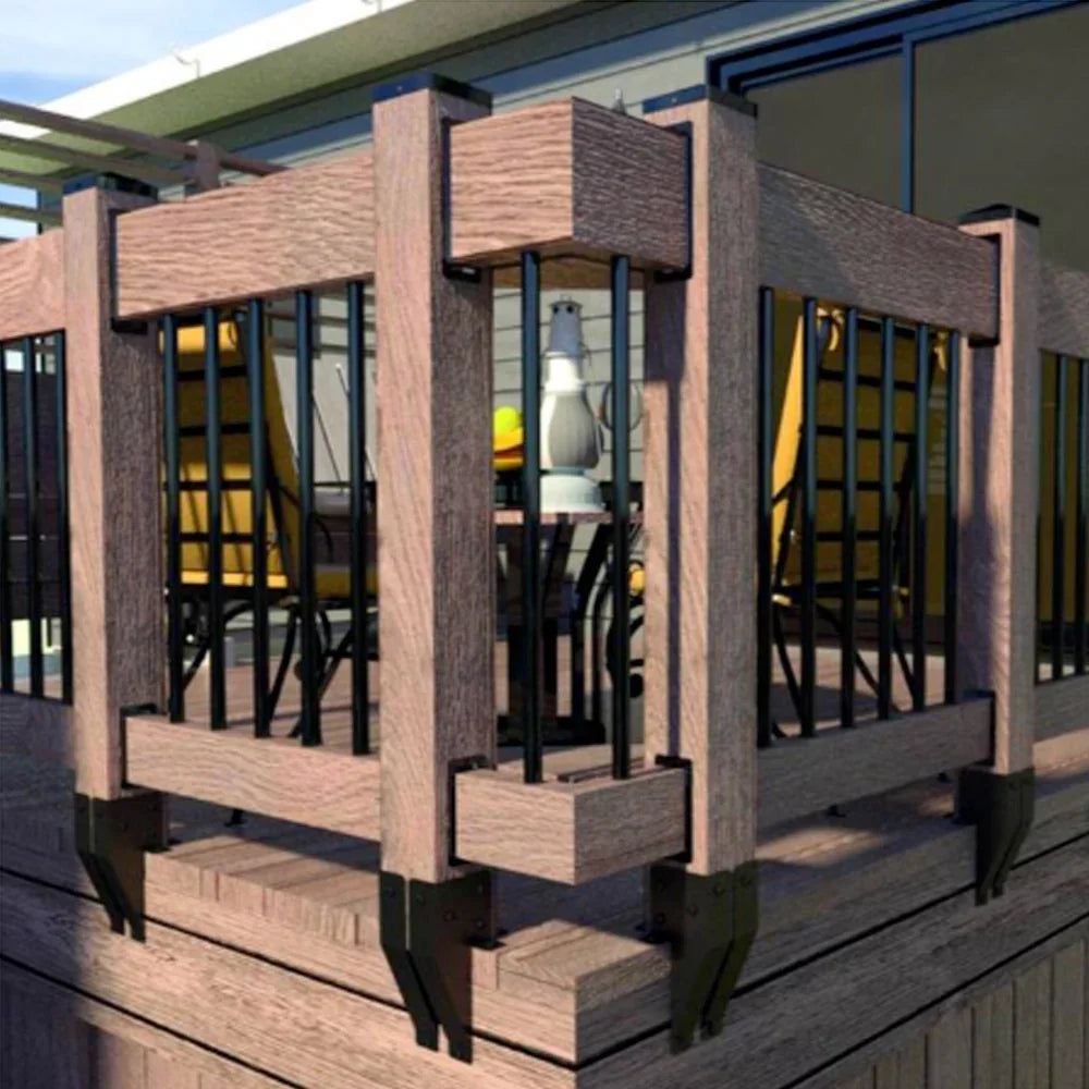 Garde-corps de terrasse en bois avec barreaux en métal noir, extérieur moderne