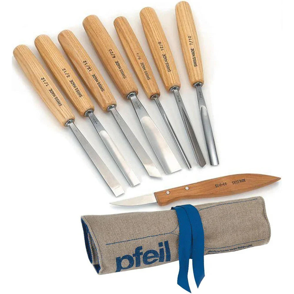 Set of 7 gouges and 1 knife with linen case - Pfeil. Swiss Made.