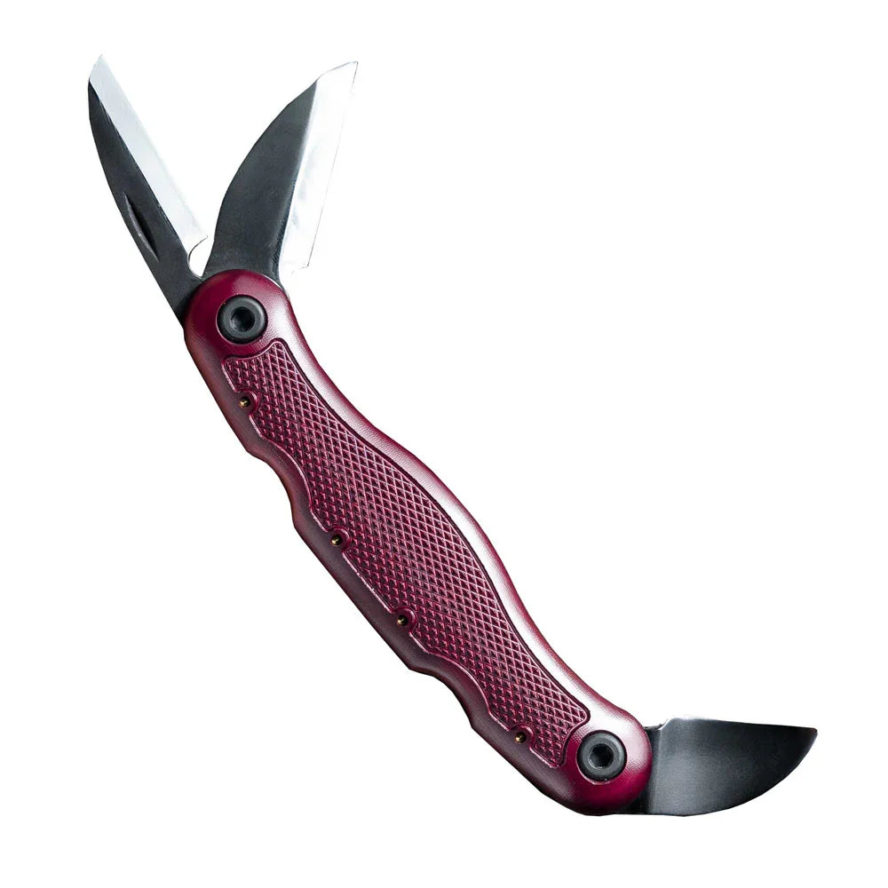 Couteau de poche à deux lames, manche texturé rouge, outil pour ébénisterie et bois.