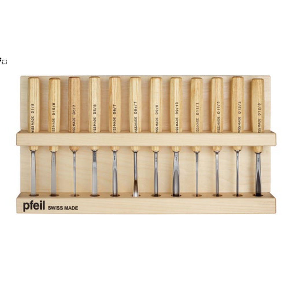 Ensemble de 12 outils de sculpture, avec support en bois, série D12B - Pfeil. Fabriqué en Suisse.