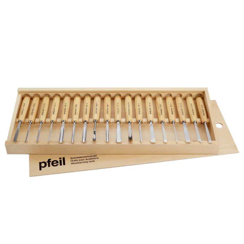 Ensemble de 18 outils de sculpture avec support en bois - Pfeil. Fabriqué en Suisse.