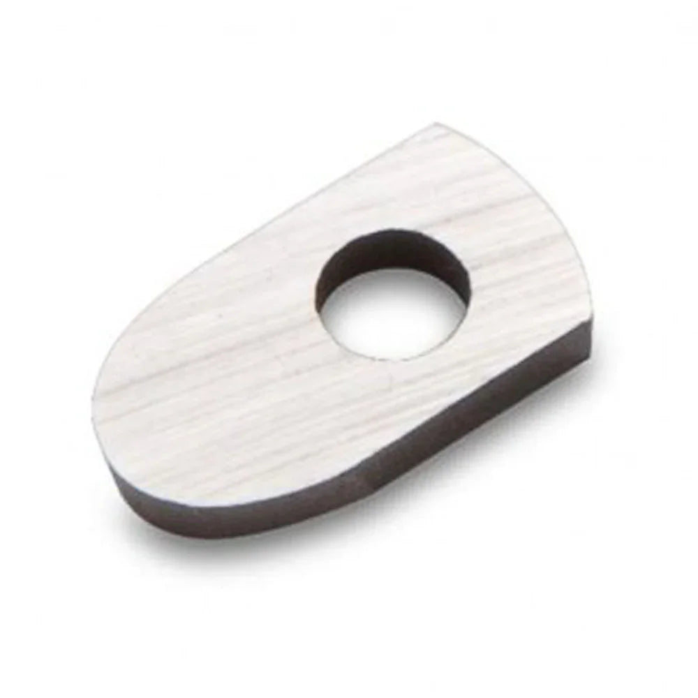 Couteau de rechange en acier pour outil de menuiserie, forme ovale avec trou central.