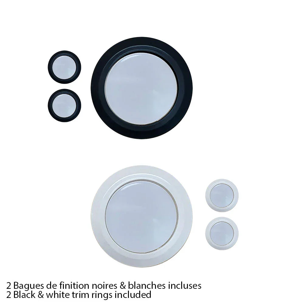 Ensemble de 2 bagues de finition rondes, noires et blanches, pour luminaires sur fond blanc.