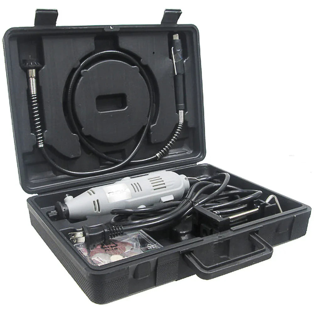 Boîte à outils contenant une mini perceuse électrique avec accessoires pour ébénisterie.