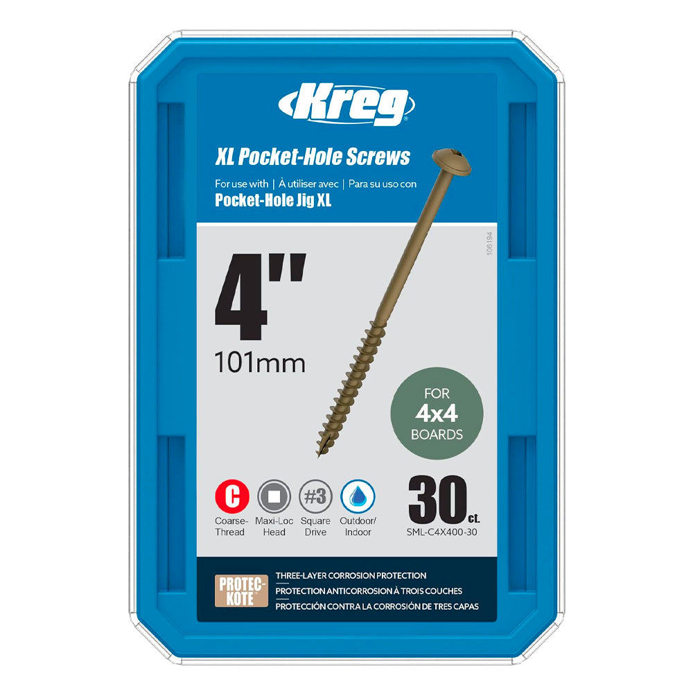 Vis 4" x 14 gros filet tête rondelle, 30/bte - Kreg