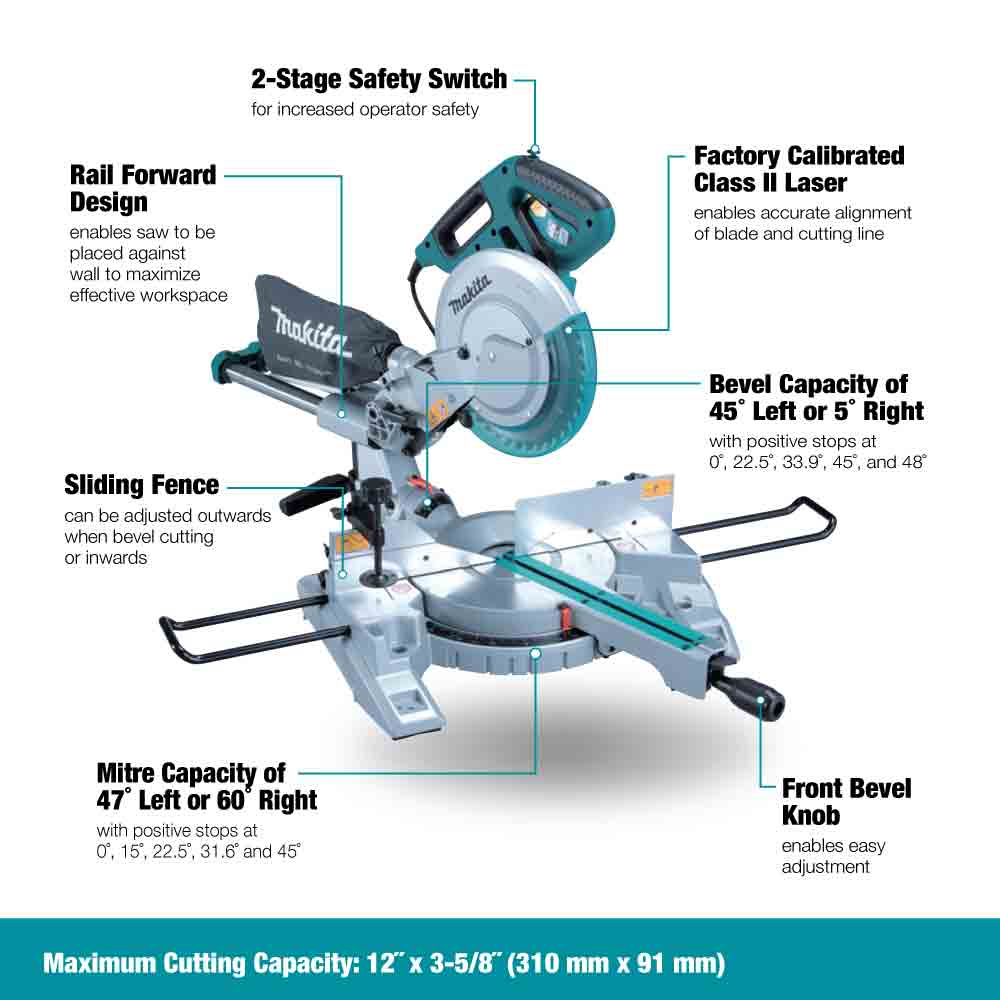 Scie à onglets combinés double coulisse 10'' avec laser LS1018L, Support inclus - Makita