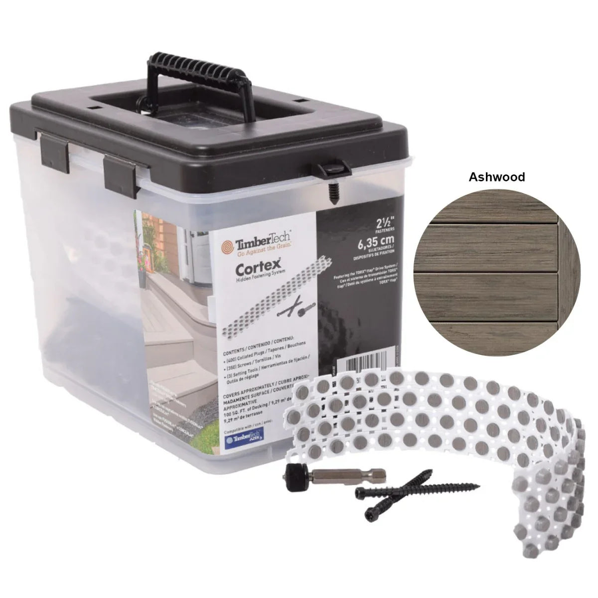 Kit de fixation cachée Cortex pour terrasse en bois composite teinte Ashwood, vis et outils inclus.