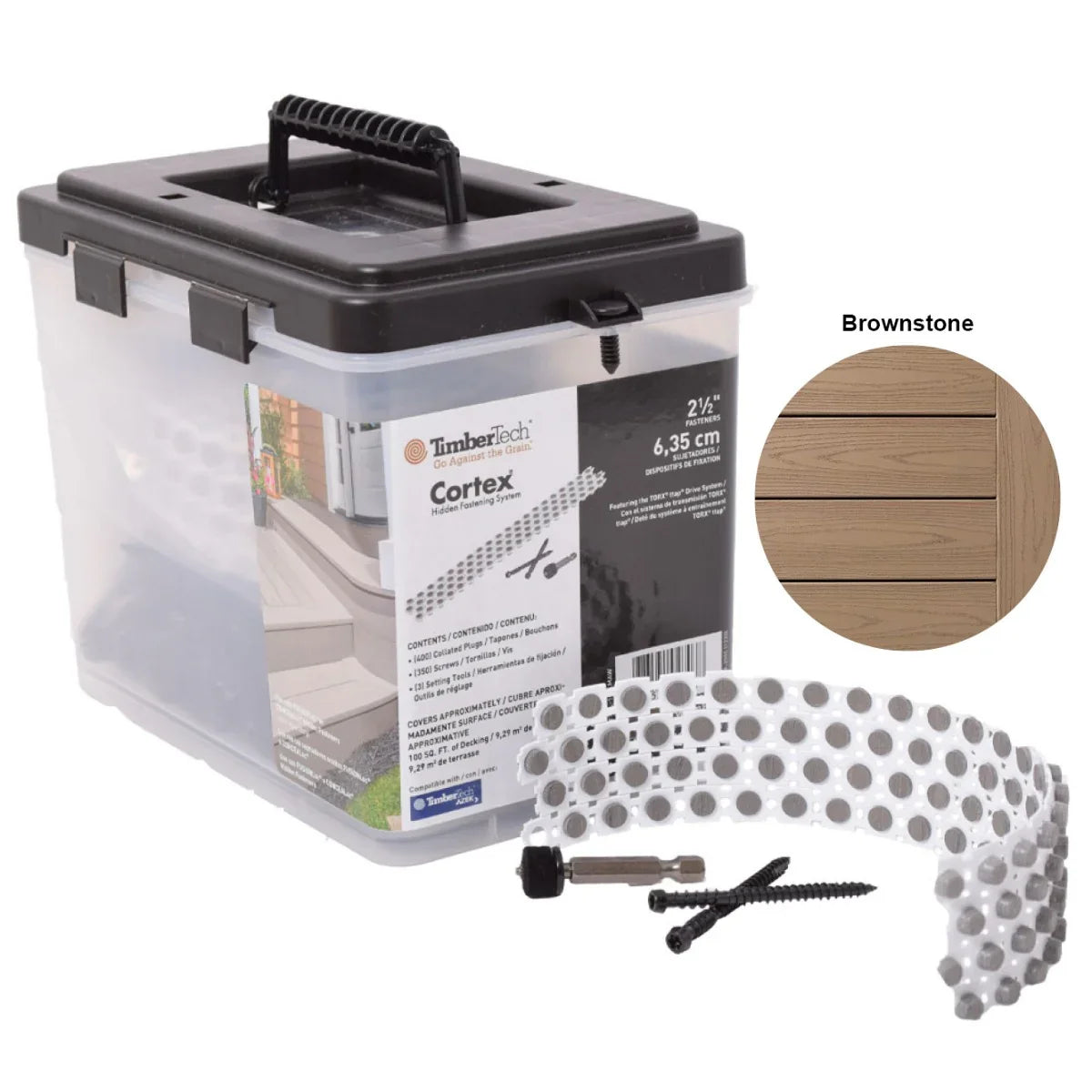 Kit de fixation dissimulée pour terrasse bois composite TimberTech Cortex coloris Brownstone, vis et tampons inclus.