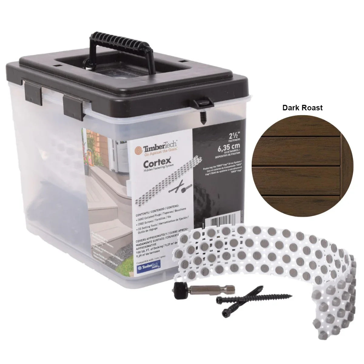 Système de fixation cachée TimberTech Cortex pour terrasse, couleur Dark Roast, accessoires inclus.