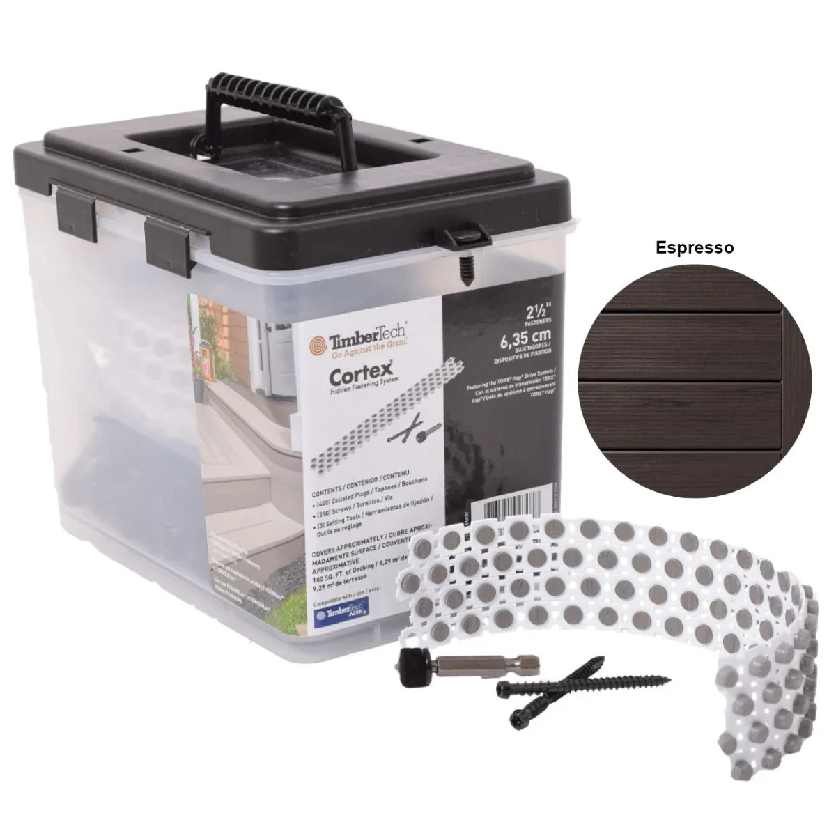 Kit de fixation invisible pour terrasse bois couleur espresso, vis et embouts inclus