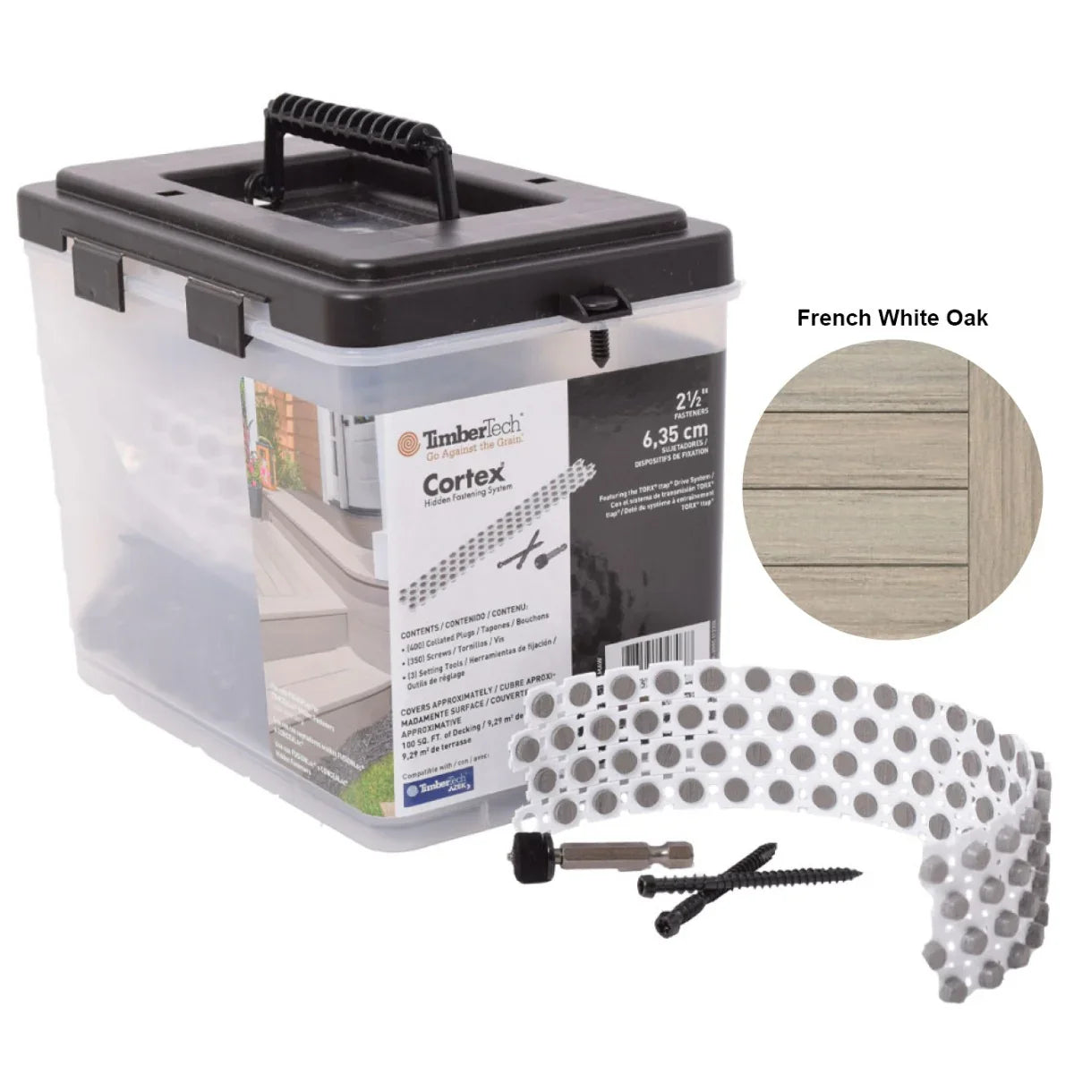 Kit de fixation cachée Cortex pour terrasse en chêne blanc français, vis et embouts inclus