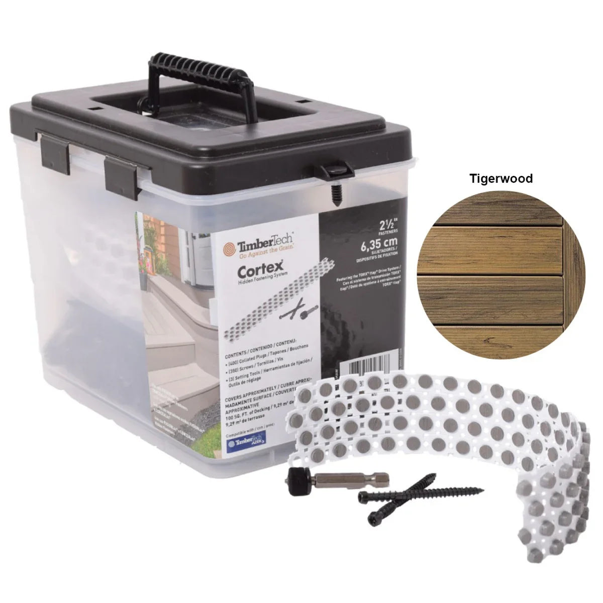 Kit de fixation invisible pour terrasse Tigerwood avec vis et accessoires, échantillon bois inclus.