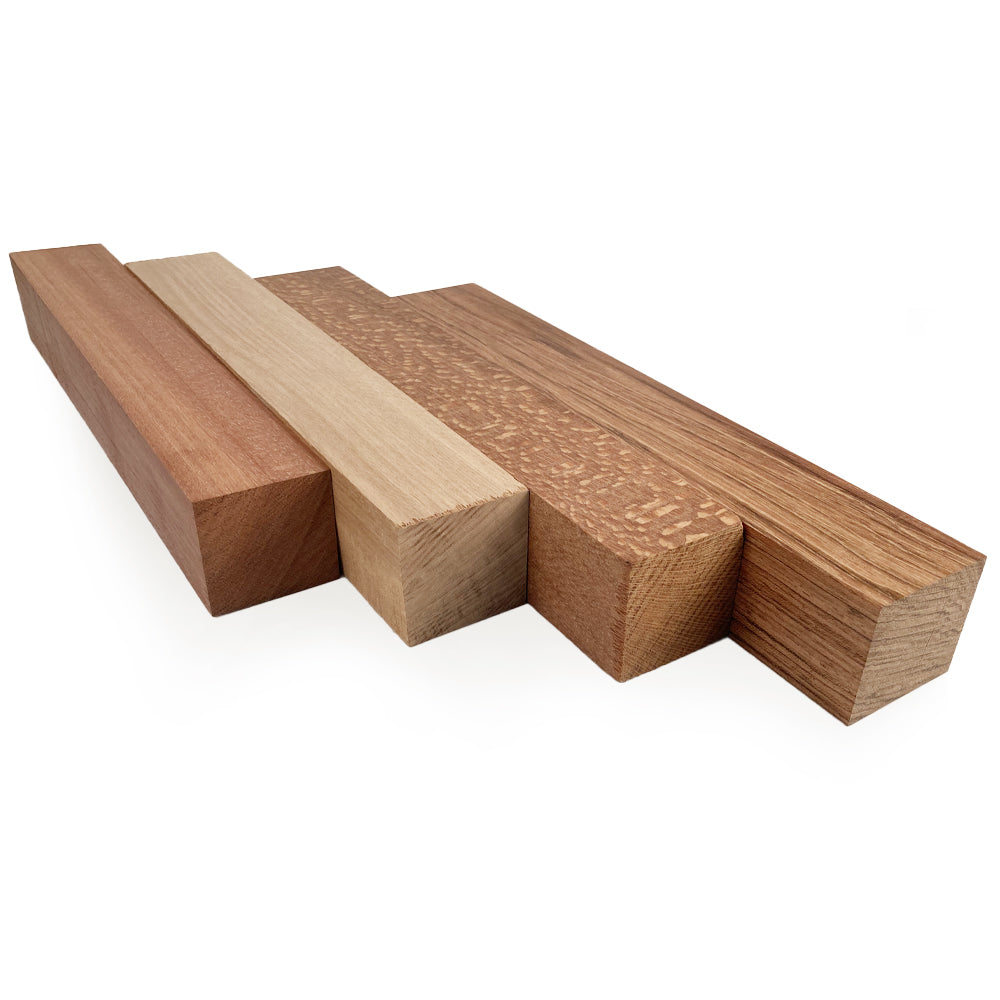Ensemble de 4 blocs exotiques pour tournage 2’’ x 2’’ x 12’’. ANIEGRE-JATOBA-LACEWOOD-SATINE
