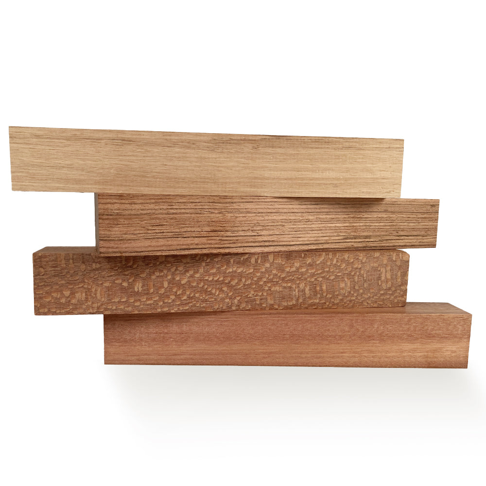 Ensemble de 4 blocs exotiques pour tournage 2’’ x 2’’ x 12’’. ANIEGRE-JATOBA-LACEWOOD-SATINE