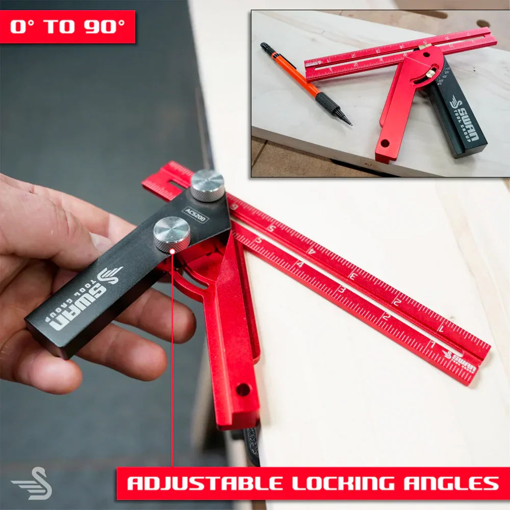 Règle d'angle ajustable rouge et noire pour ébénisterie, angles verrouillables 0° à 90°