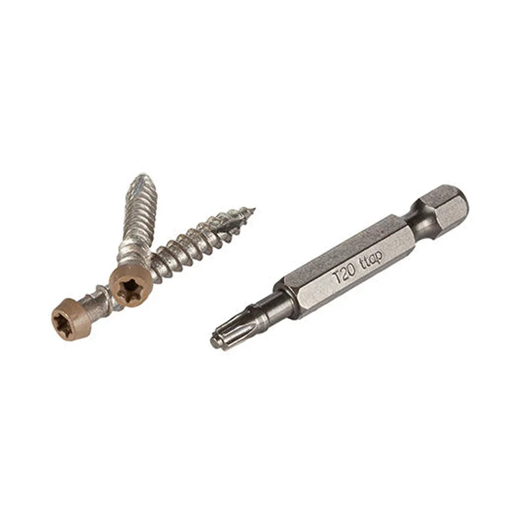 Vis de terrasse brunes et embout T20 pour fixation de lames de terrasse en bois composite.