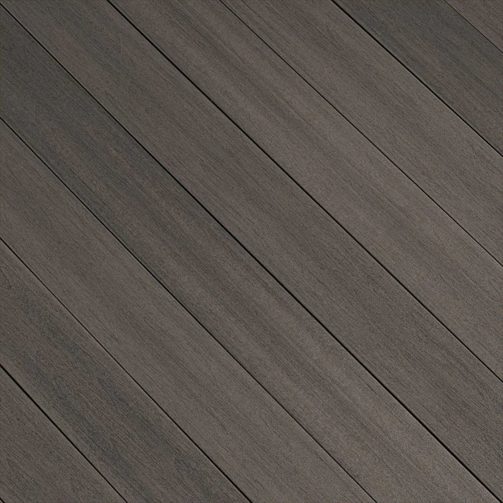 Planches de terrasse composite gris graphite, motif bois moderne pour extérieur