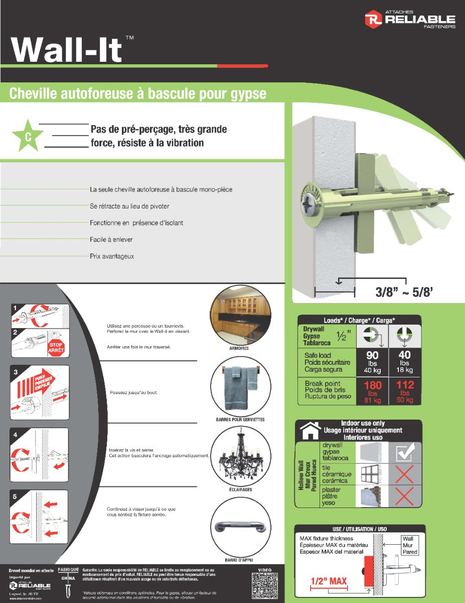 Wall-It Anchors #6-32 6/pkg - Reliable