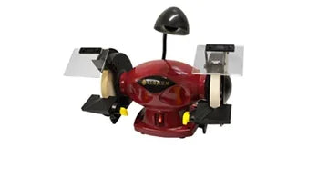 Meuleuse d’établi rouge pour l’atelier du bois, avec lampes et protections de sécurité