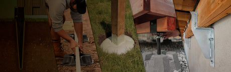 Ancrages de terrasse, blocs de béton, pieux vissés et supports de poutres en bois extérieur