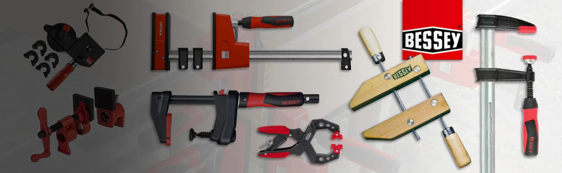 Sélection de serre-joints Bessey pour ébénisterie, outils de serrage pour bois, fond neutre.