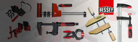 Sélection de serre-joints Bessey pour ébénisterie, outils de serrage pour bois, fond neutre.