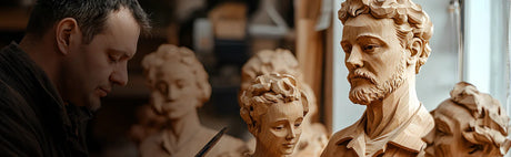 Artisan sculptant des bustes en bois détaillés dans un atelier, spécialité sculpture bois.