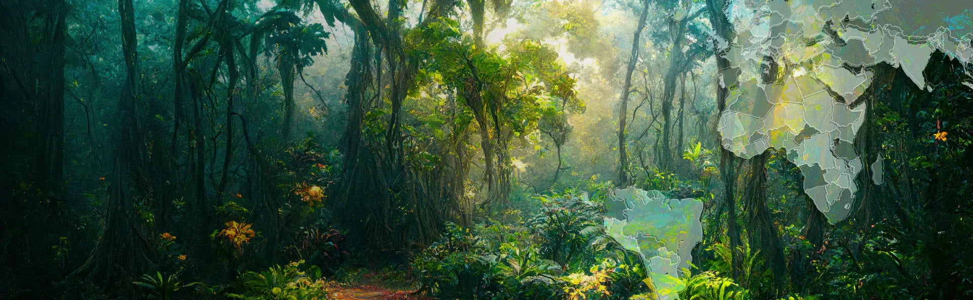 Forêt tropicale luxuriante illustrant le bois exotique, carte du monde superposée à droite