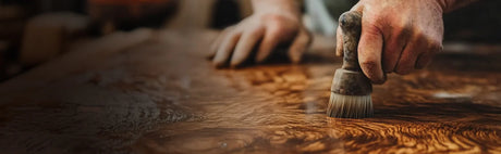 Main appliquant une finition sur une surface en bois, texture riche, ébénisterie artisanale