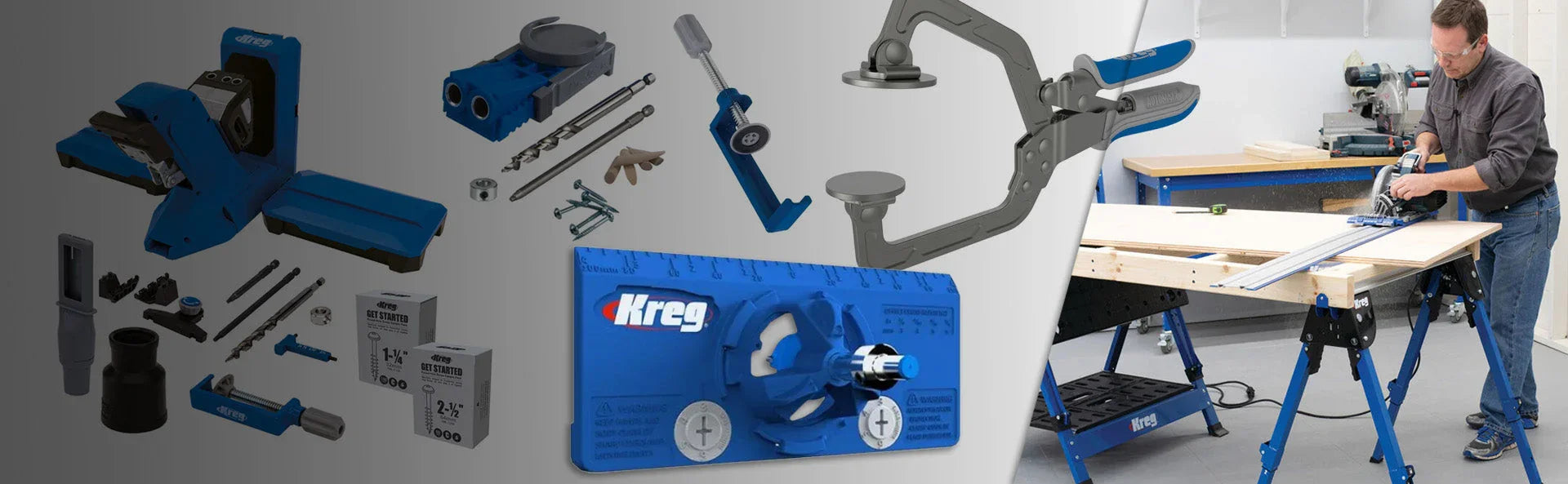 Outils de menuiserie Kreg, accessoires et établis pour le travail du bois en atelier.