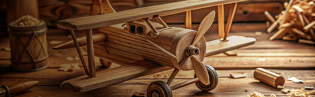 Maquette d'avion en bois sur un établi, copeaux et outils de menuiserie visibles.