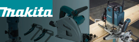 Outils Makita pour le travail du bois, scie plongeante et défonceuse sur établi.