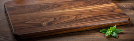 Grande planche à découper en bois foncé sur table, motif naturel du bois, basilic frais