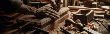 Atelier d’ébénisterie, mains sculptant du bois avec outils et copeaux sur établi