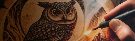 Main d'artisan réalisant une pyrogravure d'un hibou détaillé sur bois, artisanat bois.