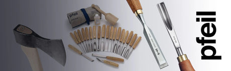 Outils de sculpture sur bois Pfeil, ciseaux à bois suisses et hache, fond neutre