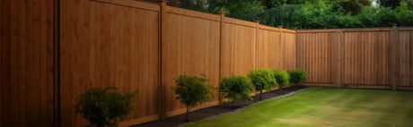 Clôture en bois massif pour jardin, poteaux métalliques, arbustes et pelouse verte