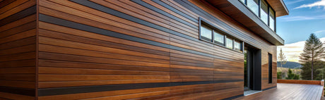 Revêtement extérieur en bois moderne sur maison contemporaine avec terrasse, paysage en arrière-plan