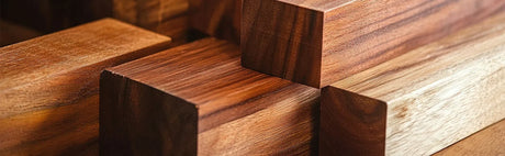 Blocs de bois exotique brut aux veinures apparentes pour ébénisterie et menuiserie.